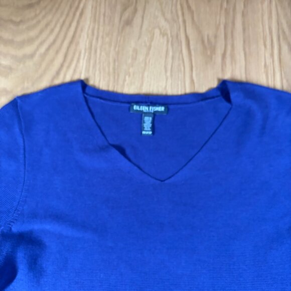 Eileen Fisher Petite Organic Cotton V-Neck Sweater Tunic Blue – PP - Picture 3 of 6